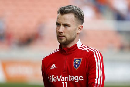 Oct 30, 2021; Sandy, Utah, USA; Real Salt Lake midfielder Albert Rusnak (11) warms up prior to their game against the San Jose Earthquakes at Rio Tinto Stadium. Mandatory Credit: Jeffrey Swinger-USA TODAY Sports