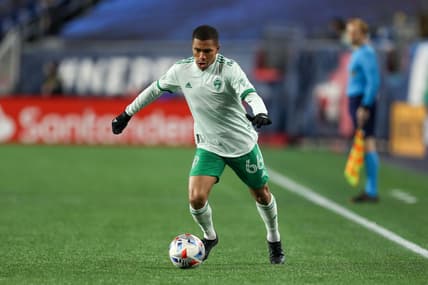 Oct 27, 2021; Foxborough, Massachusetts, USA; Colorado Rapids defender Lucas Esteves (66) possesses the ball during the first half against the New England Revolution at Gillette Stadium. Mandatory Credit: Paul Rutherford-USA TODAY Sports