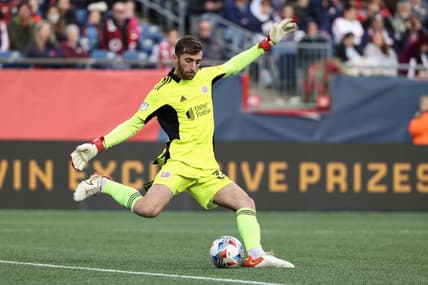 Nov 7, 2021; Foxborough, Massachusetts, USA; New England Revolution goalkeeper Matt Turner (30) during the first half against the Inter Miami at Gillette Stadium. Mandatory Credit: Winslow Townson-USA TODAY Sports
