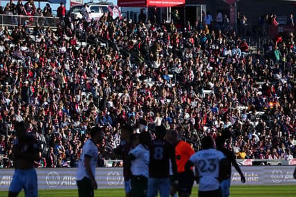Nov 25, 2021; Commerce City, CO, USA; General view of Portland Timbers and Colorado Rapids fans in the stands during the playoff game at Dick's Sporting Goods Park. Mandatory Credit: Ron Chenoy-USA TODAY Sports