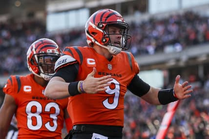Nov 28, 2021; Cincinnati, Ohio, USA; Cincinnati Bengals quarterback Joe Burrow (9) reacts after scoring a touchdown against the Pittsburgh Steelers in the first half at Paul Brown Stadium. Mandatory Credit: Katie Stratman-USA TODAY Sports