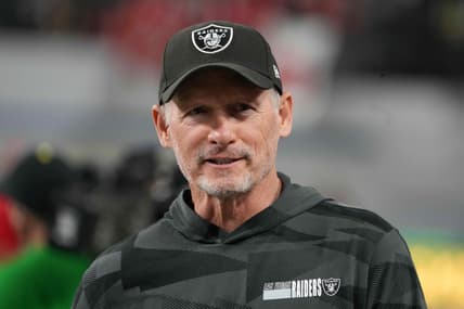 Dec 3, 2021; Las Vegas, NV, USA; Las Vegas Raiders general manager Mike Mayock reacts during the 2021 Pac-12 Championship Game at Allegiant Stadium. Mandatory Credit: Kirby Lee-USA TODAY Sports