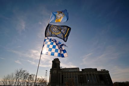 Dec 5, 2021; Chester, PA, USA; Flags supporting the Philadelphia Union are displayed outside the stadium before the Eastern Conference Finals of the 2021 MLS Playoffs against New York City FC at Subaru Park. Mandatory Credit: Bill Streicher-USA TODAY Sports