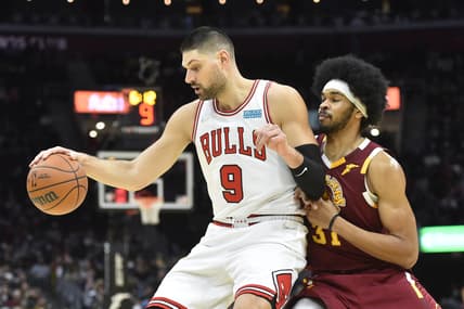 Dec 8, 2021; Cleveland, Ohio, USA; Cleveland Cavaliers center Jarrett Allen (31) defends Chicago Bulls center Nikola Vucevic (9) in the fourth quarter at Rocket Mortgage FieldHouse. Mandatory Credit: David Richard-USA TODAY Sports