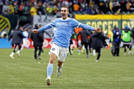 Dec 11, 2021; Portland, OR, USA; New York City FC midfielder James Sands (16) celebrates after beating the Portland Timbers in the 2021 MLS Cup championship game at Providence Park. Mandatory Credit: Soobum Im-USA TODAY Sports