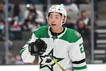 Dec 11, 2021; San Jose, California, USA; Dallas Stars left wing Jason Robertson (21) talks during the second period against the San Jose Sharks at SAP Center at San Jose. Mandatory Credit: Darren Yamashita-USA TODAY Sports