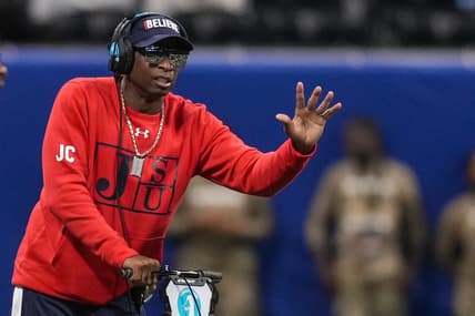 Dec 18, 2021; Atlanta, GA, USA; Jackson State Tigers head coach Deion Sanders reacts on the sidelines against the South Carolina State Bulldogs during the first half during the 2021 Celebration Bowl at Mercedes-Benz Stadium. Mandatory Credit: Dale Zanine-USA TODAY Sports