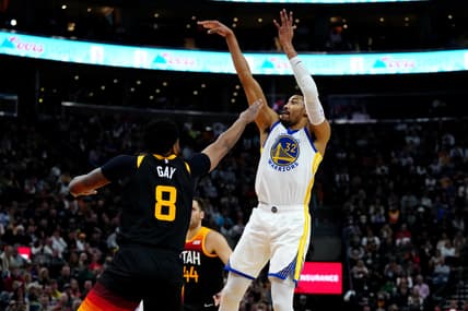 Jan 1, 2022; Salt Lake City, Utah, USA; Golden State Warriors forward Otto Porter Jr. (32) shoots over Utah Jazz forward Rudy Gay (8) in the first half at Vivint Arena. Mandatory Credit: Ron Chenoy-USA TODAY Sports