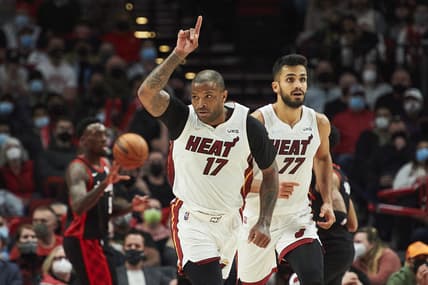 Jan 5, 2022; Portland, Oregon, USA; Miami Heat forward P.J. Tucker (17) celebrates after scoring a basket in the second half against the Portland Trail Blazers at Moda Center. The Heat won the game 115-109. Mandatory Credit: Troy Wayrynen-USA TODAY Sports