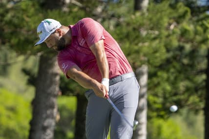 January 9, 2022; Maui, Hawaii, USA; Jon Rahm hits his tee shot on the second hole during the final round of the Sentry Tournament of Champions golf tournament at Kapalua Resort - The Plantation Course. Mandatory Credit: Kyle Terada-USA TODAY Sports