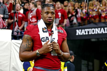 Jan 10, 2022; Indianapolis, IN, USA; Alabama Crimson Tide wide receiver Jameson Williams (1) on the sidelines during the second half after the game in the 2022 CFP college football national championship game at Lucas Oil Stadium. Mandatory Credit: Mark J. Rebilas-USA TODAY Sports