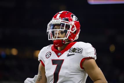 Jan 10, 2022; Indianapolis, IN, USA; Georgia Bulldogs wide receiver Jermaine Burton (7) against the Alabama Crimson Tide in the 2022 CFP college football national championship game at Lucas Oil Stadium. Mandatory Credit: Mark J. Rebilas-USA TODAY Sports