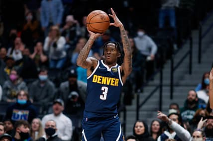 Jan 13, 2022; Denver, Colorado, USA; Denver Nuggets guard Bones Hyland (3) attempts a shot in the first quarter against the Portland Trail Blazers at Ball Arena. Mandatory Credit: Isaiah J. Downing-USA TODAY Sports