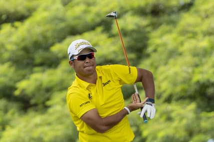 January 16, 2022; Honolulu, Hawaii, USA; Hideki Matsuyama reacts after hitting his tee shot on the second hole during the final round of the Sony Open in Hawaii golf tournament at Waialae Country Club. Mandatory Credit: Kyle Terada-USA TODAY Sports