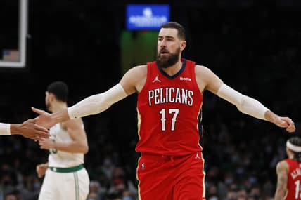 Jan 17, 2022; Boston, Massachusetts, USA; New Orleans Pelicans center Jonas Valanciunas (17) is congratulated after a basket against the Boston Celtics during the first half at TD Garden. Mandatory Credit: Winslow Townson-USA TODAY Sports