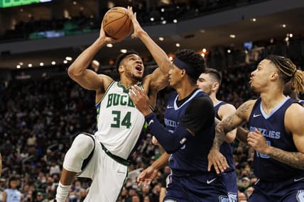 Jan 19, 2022; Milwaukee, Wisconsin, USA;  Milwaukee Bucks forward Giannis Antetokounmpo (34) shoots during the fourth quarter against the Memphis Grizzlies at Fiserv Forum. Mandatory Credit: Jeff Hanisch-USA TODAY Sports
