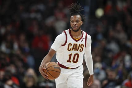 Jan 19, 2022; Chicago, Illinois, USA; Cleveland Cavaliers guard Darius Garland (10) brings the ball up court against the Chicago Bulls during the second half at United Center. Mandatory Credit: Kamil Krzaczynski-USA TODAY Sports