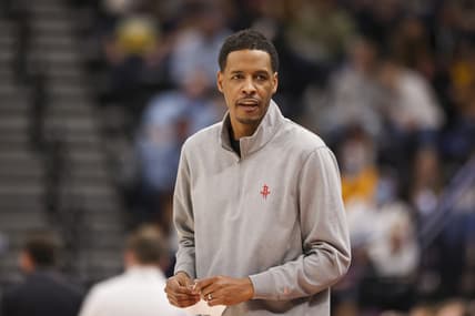 Jan 19, 2022; Salt Lake City, Utah, USA; Houston Rockets head coach Stephen Silas watches from the sideline during the first half against the Utah Jazz at Vivint Arena. Mandatory Credit: Rob Gray-USA TODAY Sports