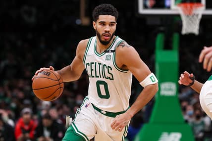 Jan 21, 2022; Boston, Massachusetts, USA; Boston Celtics forward Jayson Tatum (0) dribbles down the court during the second half against the Portland Trail Blazers at TD Garden. Mandatory Credit: Paul Rutherford-USA TODAY Sports