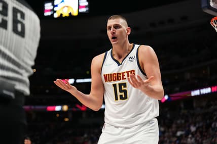 Jan 21, 2022; Denver, Colorado, USA; Denver Nuggets center Nikola Jokic (15) reacts to a non call in the second quarter against the Memphis Grizzlies at Ball Arena. Mandatory Credit: Ron Chenoy-USA TODAY Sports