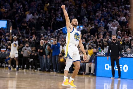Jan 21, 2022; San Francisco, California, USA;  Golden State Warriors guard Stephen Curry (30) celebrates after making the game-winning shot in the last seconds of the second half of the game against the Houston Rockets at Chase Center. Mandatory Credit: John Hefti-USA TODAY Sports