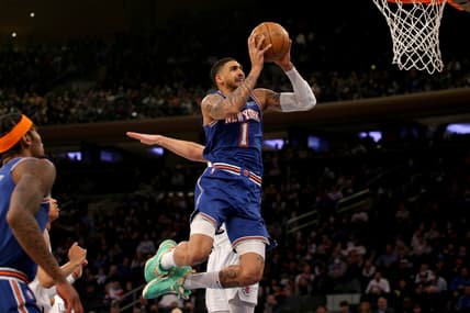 Jan 23, 2022; New York, New York, USA; New York Knicks forward Obi Toppin (1) drives to the basket against Los Angeles Clippers guard Luke Kennard (5) during the second quarter at Madison Square Garden. Mandatory Credit: Brad Penner-USA TODAY Sports