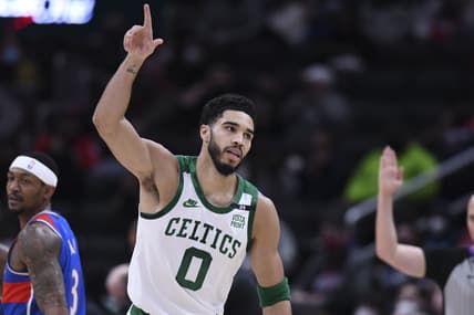 Jan 23, 2022; Washington, District of Columbia, USA;  Boston Celtics forward Jayson Tatum (0) reacts after making a basket against the Washington Wizards during the first half at Capital One Arena. Mandatory Credit: Tommy Gilligan-USA TODAY Sports