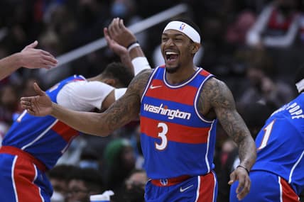 Jan 23, 2022; Washington, District of Columbia, USA; Washington Wizards guard Bradley Beal (3) smiles while entering the court before the game against the Boston Celtics at Capital One Arena. Mandatory Credit: Tommy Gilligan-USA TODAY Sports