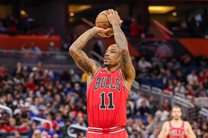 Jan 23, 2022; Orlando, Florida, USA; Chicago Bulls forward DeMar DeRozan (11) shoots a free throw during the second half against the Orlando Magic at Amway Center. Mandatory Credit: Mike Watters-USA TODAY Sports
