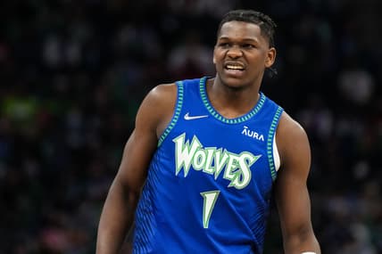 Jan 23, 2022; Minneapolis, Minnesota, USA; Minnesota Timberwolves forward Anthony Edwards (1) looks on during the fourth quarter against the Brooklyn Nets at Target Center. Mandatory Credit: Brace Hemmelgarn-USA TODAY Sports