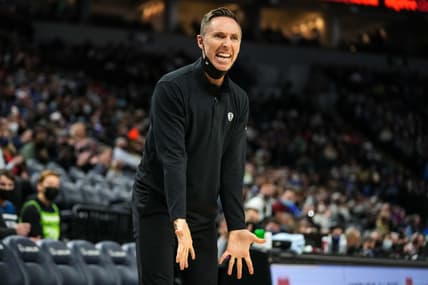 Jan 23, 2022; Minneapolis, Minnesota, USA; Brooklyn Nets head coach Steve Nash argues a call during the third quarter against the Minnesota Timberwolves at Target Center. Mandatory Credit: Brace Hemmelgarn-USA TODAY Sports