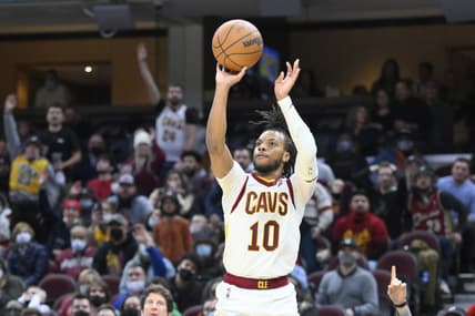 Jan 24, 2022; Cleveland, Ohio, USA; Cleveland Cavaliers guard Darius Garland (10) makes a three-point basket late in the fourth quarter against the New York Knicks at Rocket Mortgage FieldHouse. Mandatory Credit: David Richard-USA TODAY Sports