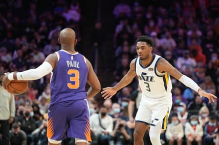 Jan 24, 2022; Phoenix, Arizona, USA; Utah Jazz guard Trent Forrest (3) guards Phoenix Suns guard Chris Paul (3) during the first half at Footprint Center. Mandatory Credit: Joe Camporeale-USA TODAY Sports
