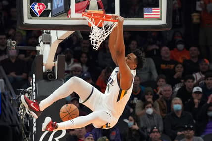 Jan 24, 2022; Phoenix, Arizona, USA; Utah Jazz center Hassan Whiteside (21) dunks against the Phoenix Suns during the second half at Footprint Center. Mandatory Credit: Joe Camporeale-USA TODAY Sports