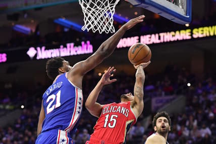 Jan 25, 2022; Philadelphia, Pennsylvania, USA; Philadelphia 76ers center Joel Embiid (21) blocks shot attempt by New Orleans Pelicans guard Jose Alvarado (15) during the fourth quarter at Wells Fargo Center. Mandatory Credit: Eric Hartline-USA TODAY Sports