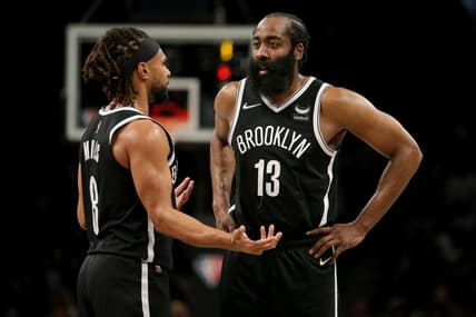 Jan 25, 2022; Brooklyn, New York, USA; Brooklyn Nets guard Patty Mills (8) talks to guard James Harden (13) during the third quarter against the Los Angeles Lakers at Barclays Center. Mandatory Credit: Brad Penner-USA TODAY Sports