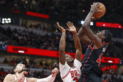 Jan 26, 2022; Chicago, Illinois, USA; Toronto Raptors forward Pascal Siakam (43) shoots against Chicago Bulls forward Javonte Green (24) during the second half at United Center. Mandatory Credit: Kamil Krzaczynski-USA TODAY Sports