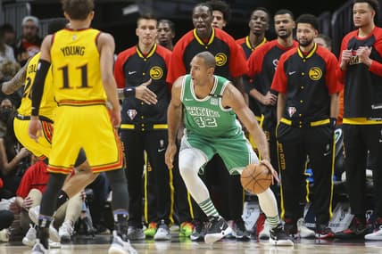 Jan 28, 2022; Atlanta, Georgia, USA; Boston Celtics center Al Horford (42) drives to the basket against the Atlanta Hawks in the first quarter at State Farm Arena. Mandatory Credit: Brett Davis-USA TODAY Sports