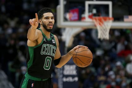 Jan 29, 2022; New Orleans, Louisiana, USA; Boston Celtics forward Jayson Tatum (0) gestures to teammates against the New Orleans Pelicans in the second half at the Smoothie King Center. Mandatory Credit: Chuck Cook-USA TODAY Sports