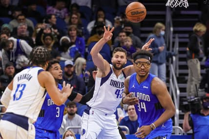Jan 30, 2022; Orlando, Florida, USA; Dallas Mavericks forward Maxi Kleber (42) passes the ball during the second quarter at Amway Center. Mandatory Credit: Mike Watters-USA TODAY Sports