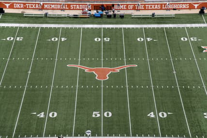 Sep 15, 2018; Austin, TX, USA; General overall view of the Texas Longhorns logo at midfield at Darrell K Royal-Texas Memorial Stadium. Mandatory Credit: Kirby Lee-USA TODAY Sports