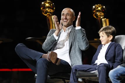 Mar 28, 2019; San Antonio, TX, USA; San Antonio Spurs former player Manu Ginobili reacts during his jersey retirement ceremony at AT&T Center after a game between the Cleveland Cavaliers and San Antonio Spurs. Mandatory Credit: Soobum Im-USA TODAY Sports