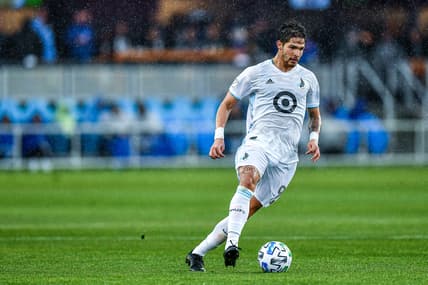 Mar 7, 2020; San Jose, California, USA; Minnesota United forward Luis Amarilla (9) moves the ball in front of the net at Avaya Stadium. Mandatory Credit: Chris Brown-USA TODAY Sports