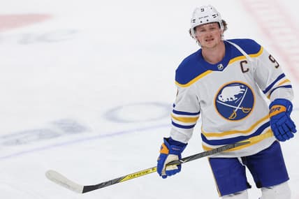 Feb 18, 2021; Washington, District of Columbia, USA; Buffalo Sabres center Jack Eichel (9) skates during warmups prior to the Sabres' game against the Washington Capitals at Capital One Arena. Mandatory Credit: Geoff Burke-USA TODAY Sports