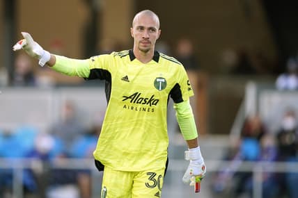 May 15, 2021; San Jose, California, USA; Portland Timbers goalkeeper Logan Ketterer (30) gestures during the first half against the San Jose Earthquakes at PayPal Park. Mandatory Credit: Darren Yamashita-USA TODAY Sports