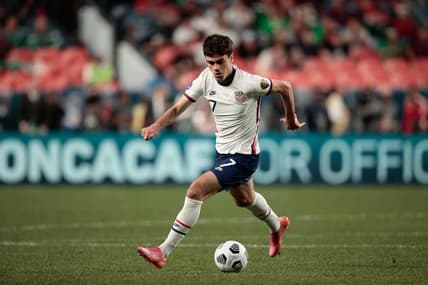Jun 6, 2021; Denver, Colorado, USA; United States forward Gio Reyna (7) controls the ball in the second half against Mexico during the 2021 CONCACAF Nations League Finals soccer series final match at Empower Field at Mile High. Mandatory Credit: Isaiah J. Downing-USA TODAY Sports