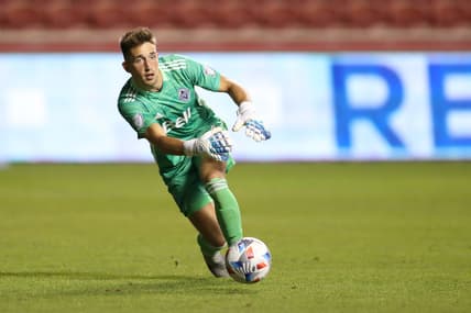 Jul 31, 2021; Sandy, Utah, USA; Vancouver Whitecaps goalkeeper Thomas Hasal (1) puts a ball into play against Minnesota United in the second half at Rio Tinto Stadium. Mandatory Credit: Rob Gray-USA TODAY Sports