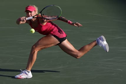 Aug 30, 2021; Flushing, NY, USA; Tereza Martincova (CZE) hits a forehand against Victoria Azarenka (BLR)(not pictured) on day one of the 2021 U.S. Open tennis tournament at USTA Billie King National Tennis Center. Mandatory Credit: Geoff Burke-USA TODAY Sports