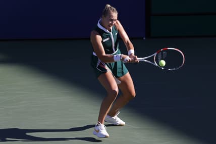 Sep 4, 2021; Flushing, NY, USA; Anett Kontaveit of Estonia hits a backhand against Iga Swiatek of Poland (not pictured) on day six of the 2021 U.S. Open tennis tournament at USTA Billie Jean King National Tennis Center. Mandatory Credit: Geoff Burke-USA TODAY Sports