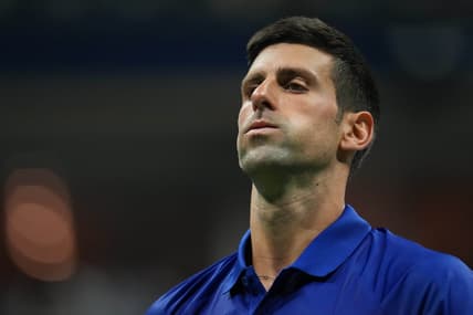 Sep 10, 2021; Flushing, NY, USA; Novak Djokovic of Serbia reacts between points against Alexander Zverev of Germany (not pictured) on day twelve of the 2021 U.S. Open tennis tournament at USTA Billie Jean King National Tennis Center. Mandatory Credit: Danielle Parhizkaran-USA TODAY Sports